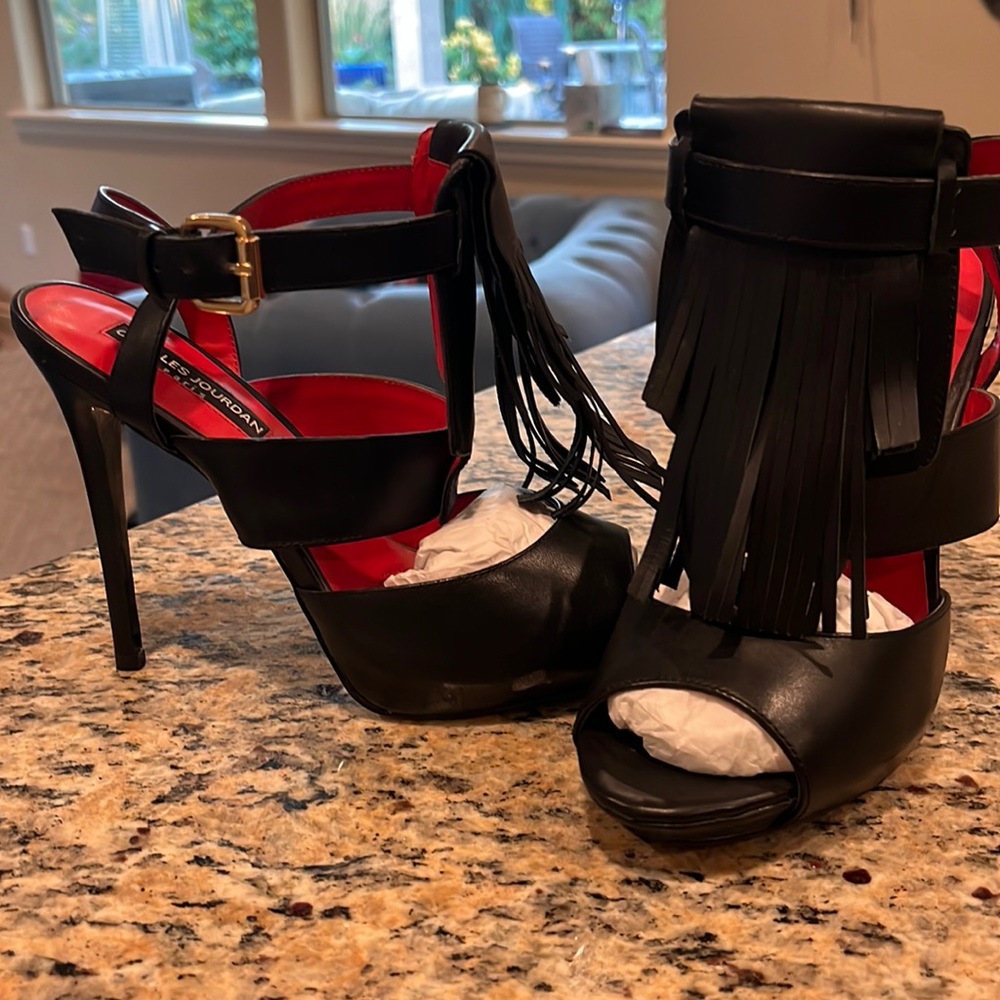 Charles Jourdan black fringe 3.5” heel